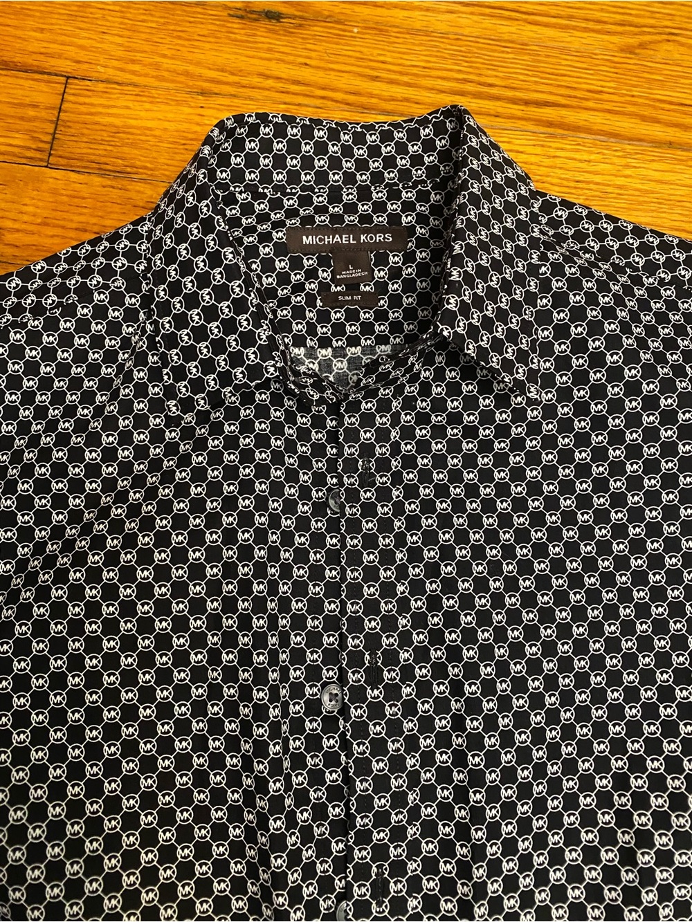 Michael Kors Black Button-Up Shirt with White MK Geo Print New W/O Tags L Slim